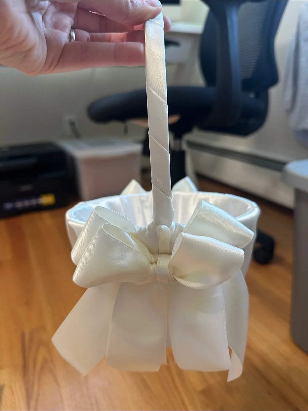 White Satin Kids Flower Girl Basket